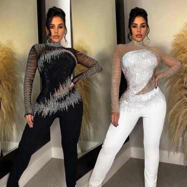 XYZ (S-2XL) Mesh Hot Diamond Long Sleeve Pants jumpsuit