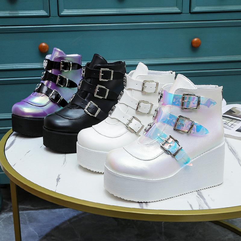 Thick bottom slope and colorful high top buckle with round toe plus size leather boots