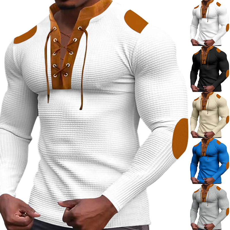 Autumn waffle color blocked strap V-neck top long sleeved base T-shirt