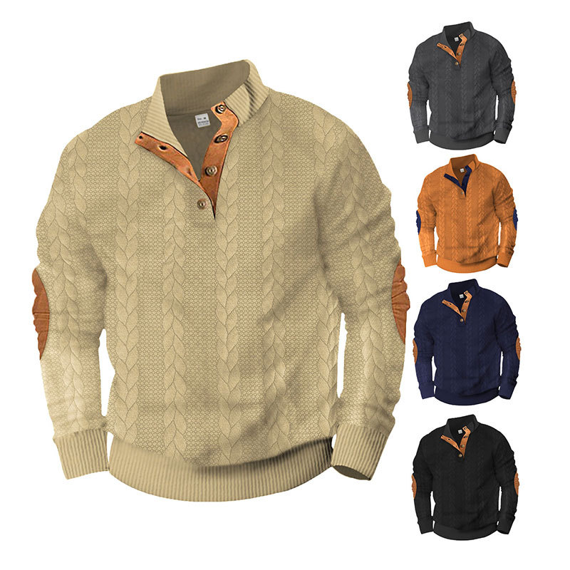 Jacquard buckle Henley long sleeved embroidered sweatshirt with adhesive fabric