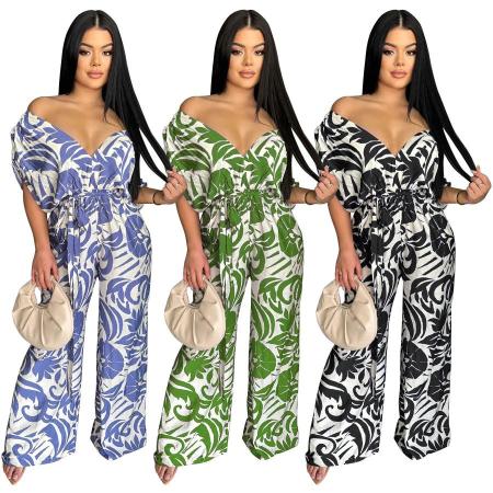 (S-2XL) MYF off shoulder bat sleeve wide leg printed jumpsuit