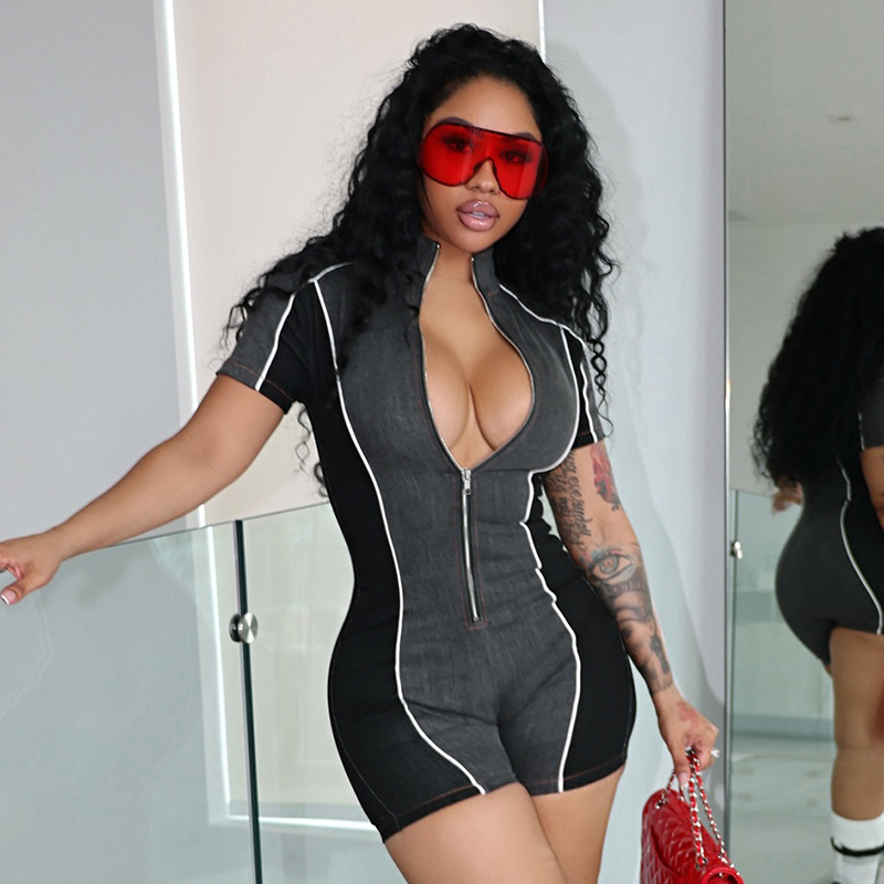 DZHT contrasting zipper elastic sports flat angle jumpsuit